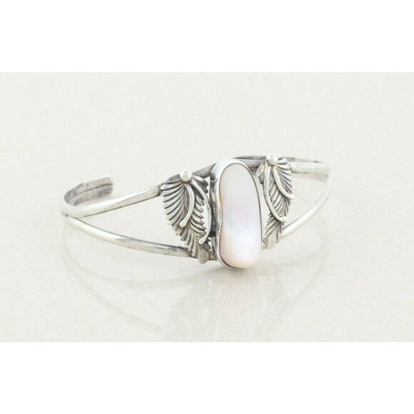 Sterling Silver Mother of Pearl Feather Design Cuff Bracelet 6 3/4 - Picture 4 of 6
